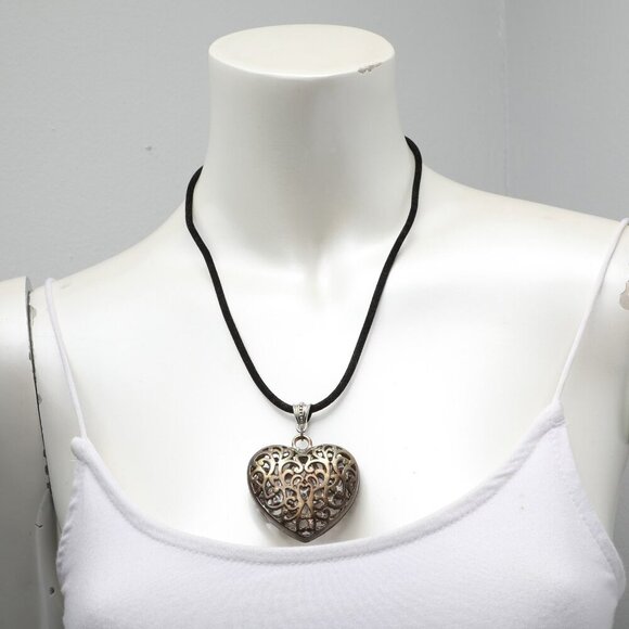 Hollow Ornate Heart Pendant Silver Necklace Fabric Cord Band Boho Oversized - Picture 3 of 6